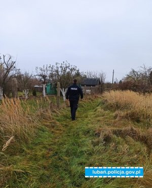 dzielnicowy w trakcie obchodu ogrodów działkowych