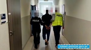 osoba podejrzana o dokonanie przestępstw prowadzona przez policjantów