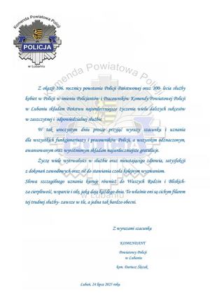 ŻYCZENIA KOMENDANTA POWIATOWEGO POLICJI W LUBANIU Z OKAZJI ŚWIĘTA POLICJI