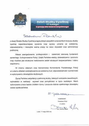 ŻYCZENIA KOMENDANTA POWIATOWEGO POLICJI W LUBANIU Z OKAZJI ŚWIĘTA SŁUŻBY CYWILNEJ