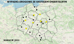 Policyjna mapa wypadków drogowych ze skutkiem śmiertelnym – Wakacje 2021