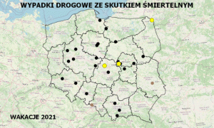 Policyjna mapa wypadków drogowych ze skutkiem śmiertelnym – Wakacje 2021